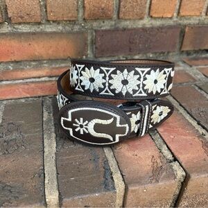 ELTO Made in Mexico Size 34 Embroidered Leather Belt - Brown and White